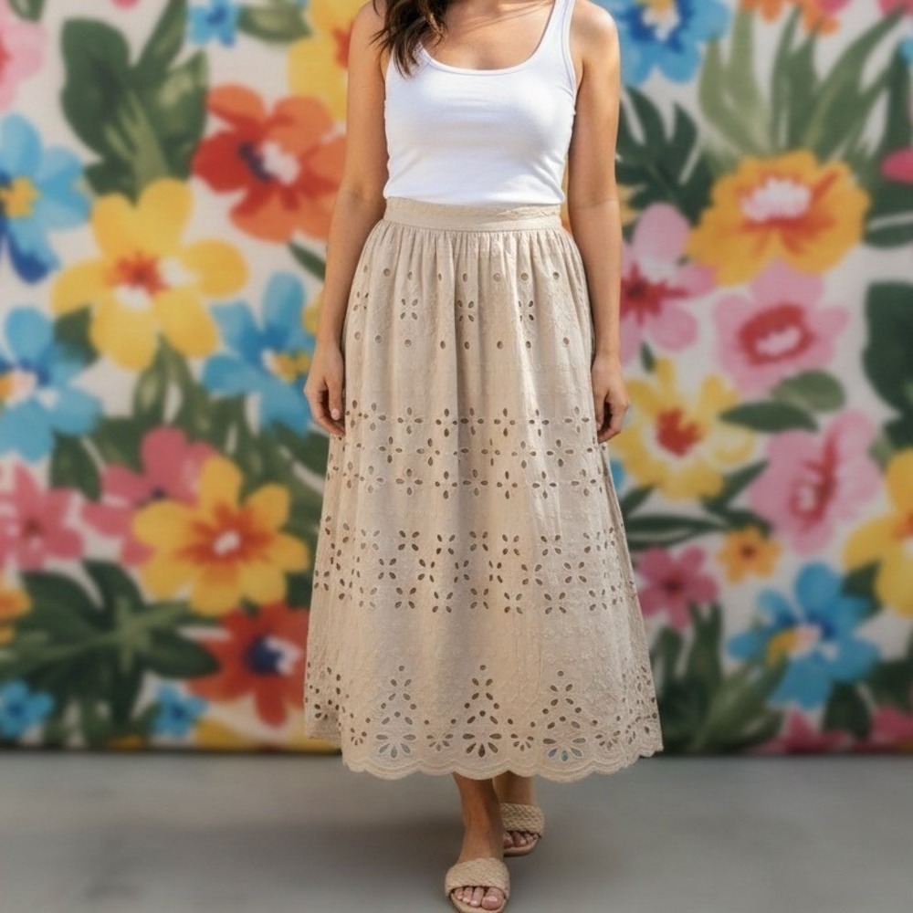 Ann Taylor 8 Tan Eyelet Lace Scalloped Midi Skirt Bobo Cottagecore Flirty Chic